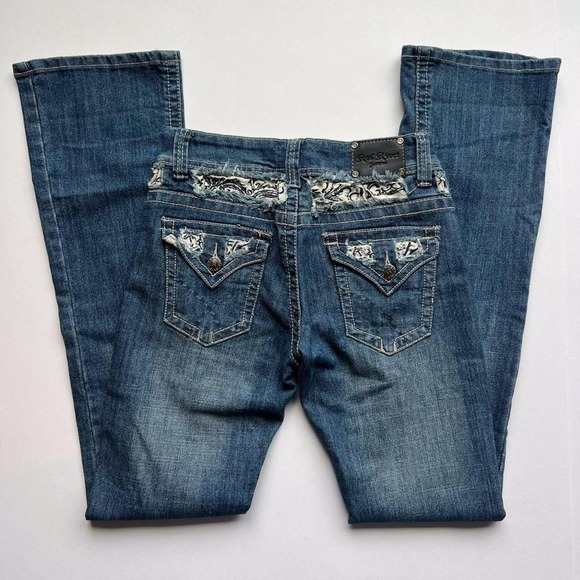 Red Rivet Denim - Y2K Red Rivet Low Rise Bootcut Jeans With Embellished Pockets